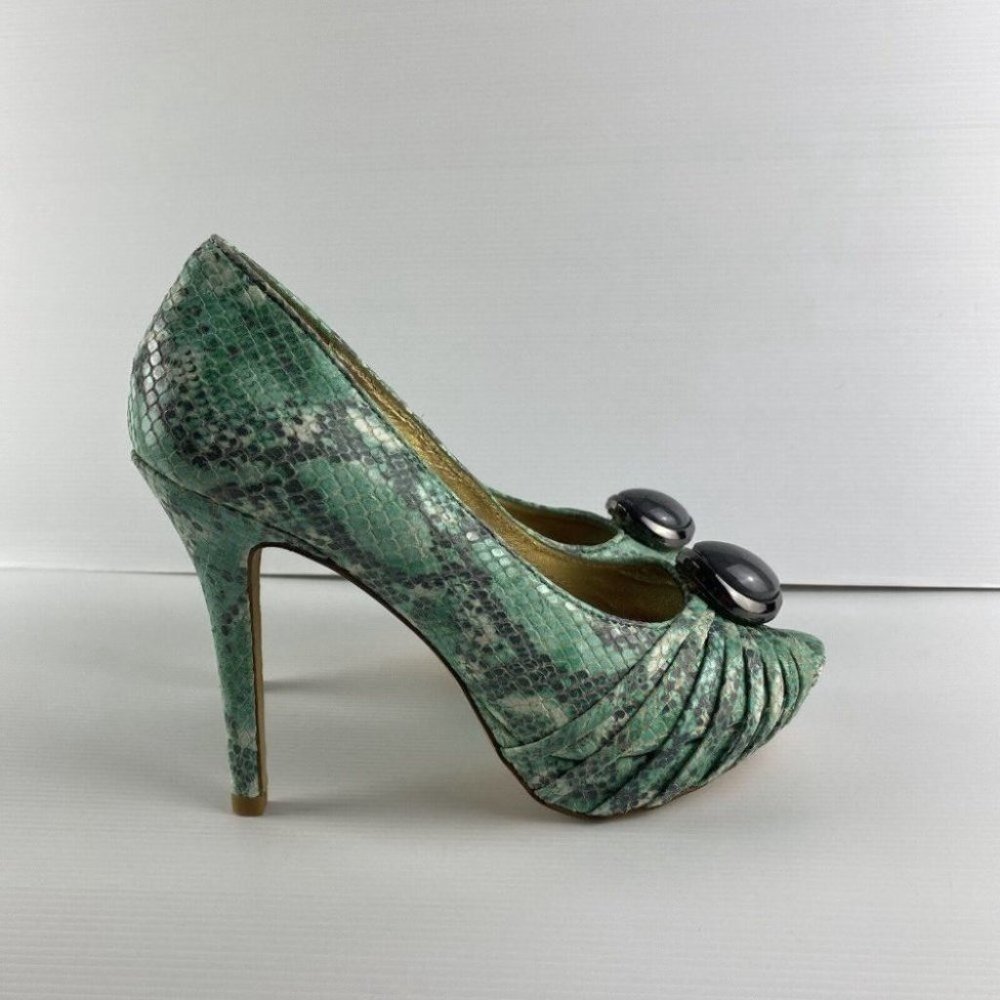 Women's Mimco Size 37 Green Reptile Print Peep Toe Stiletto High Heel Shoes - Picture 7 of 10